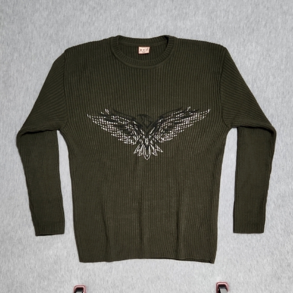 Vintage Y2K XYZ Grunge Eagle Olive Ribbed Pullover Crewneck Sweater Top Shirt - Picture 1 of 12